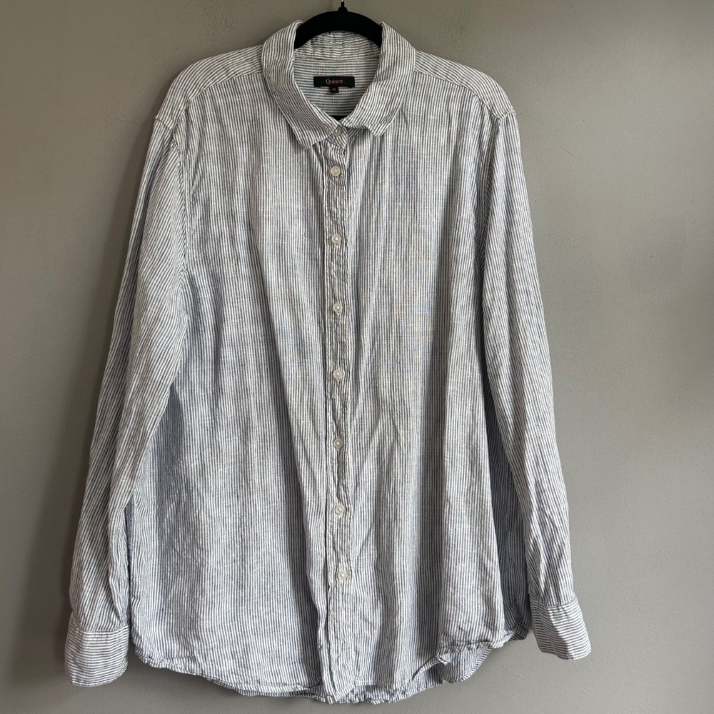 Quince Womens Blue Pinstripe 100% European Linen Long Sleeve Shirt XL CMA01